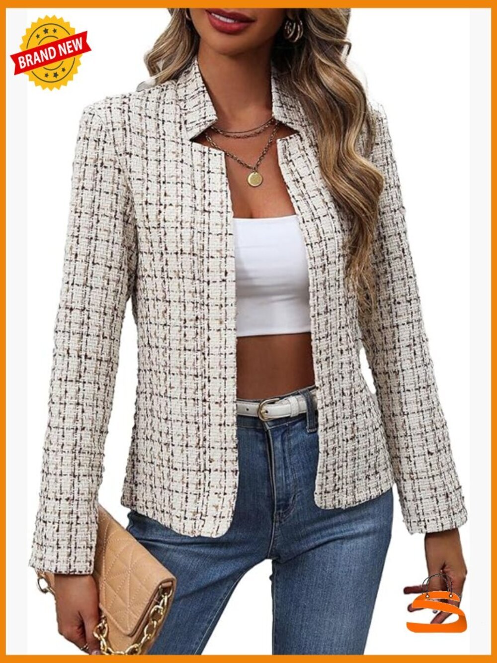 Lightweight Plaid Open Front Tweed Blazer - Notch Collar Lined Work Office